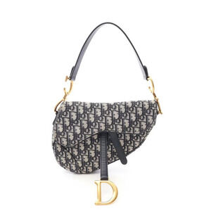 Christian Dior SADDLE Oblique Handbag Canvas Leather Navy Blue Beige Cream